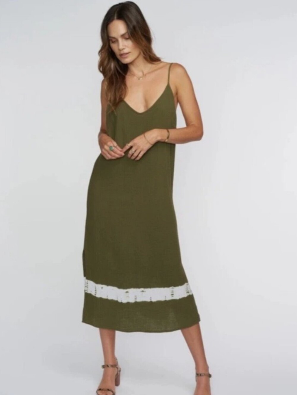 NWT Anthropologie AMADI Tie Dye Hem Gauze Midi Dress Moss Green M